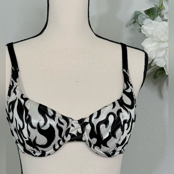 Planet Lingerie Y2K Satin Black White Silver Metallic Flame Bra, 36C - Picture 1 of 10